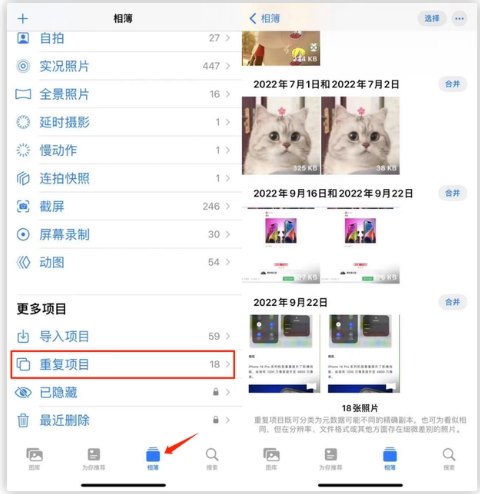 孟津苹果手机维修分享iOS 16 中相册重复项目功能使用方法 