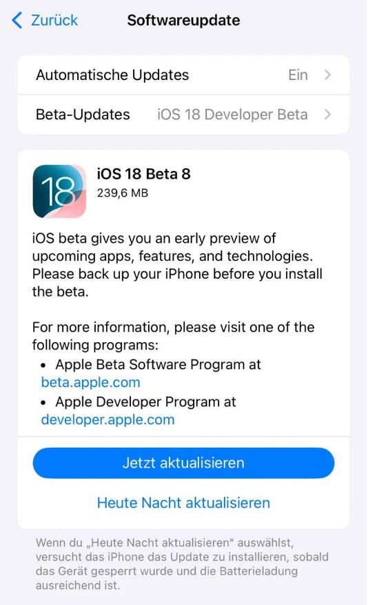 孟津苹果手机维修分享苹果 iOS / iPadOS 18 开发者预览版 Beta 8 发布 